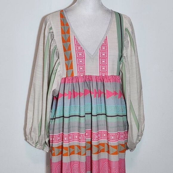 Pink and Gray Puff Sleeve Boho Print Oversized Midi Dress NWOT Size Medium - Picture 3 of 10